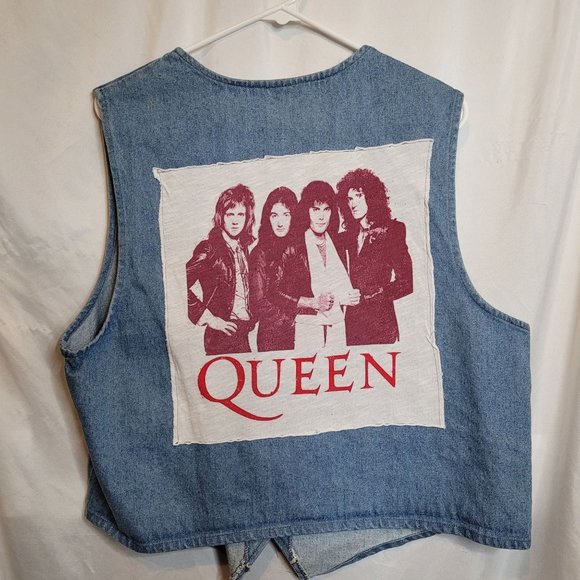 Queen Vintage Denim Upcycle Vest Adult Size Large Button Front - Picture 1 of 6